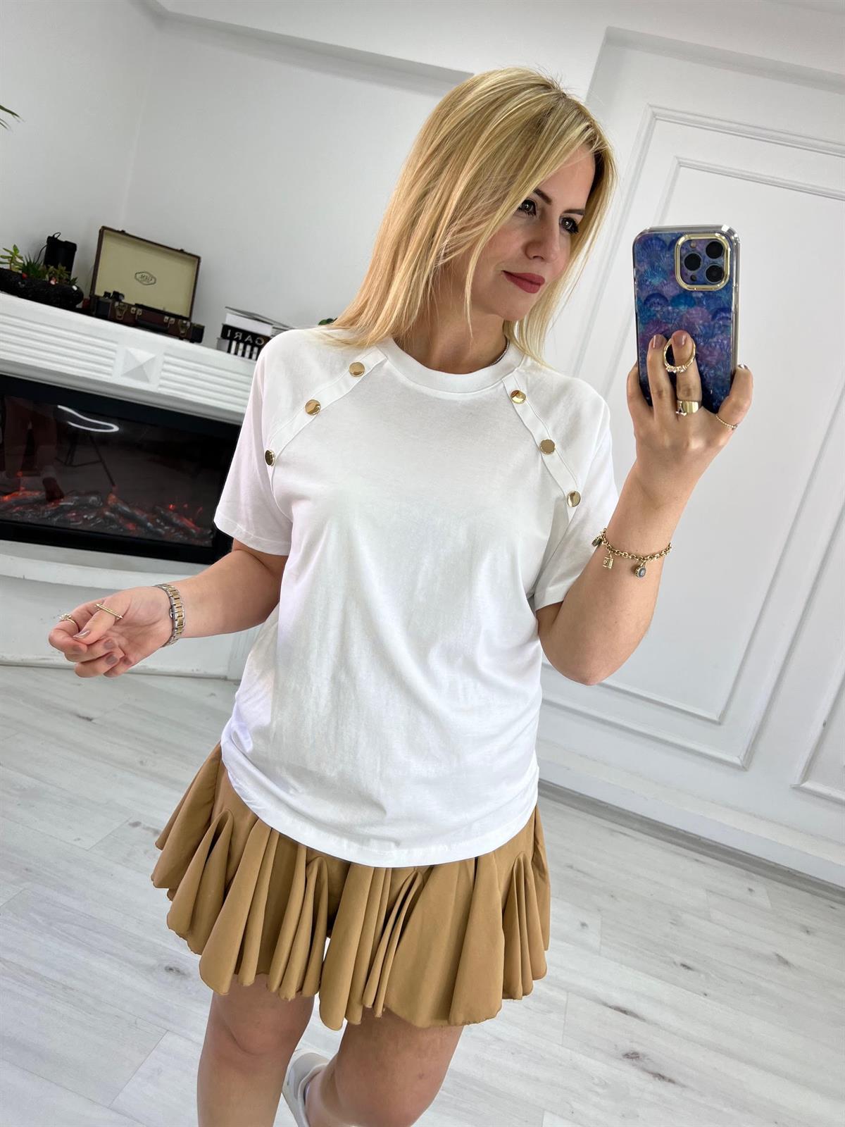 210163 Yan Çıtçıt Detaylı Tshirt BEYAZ