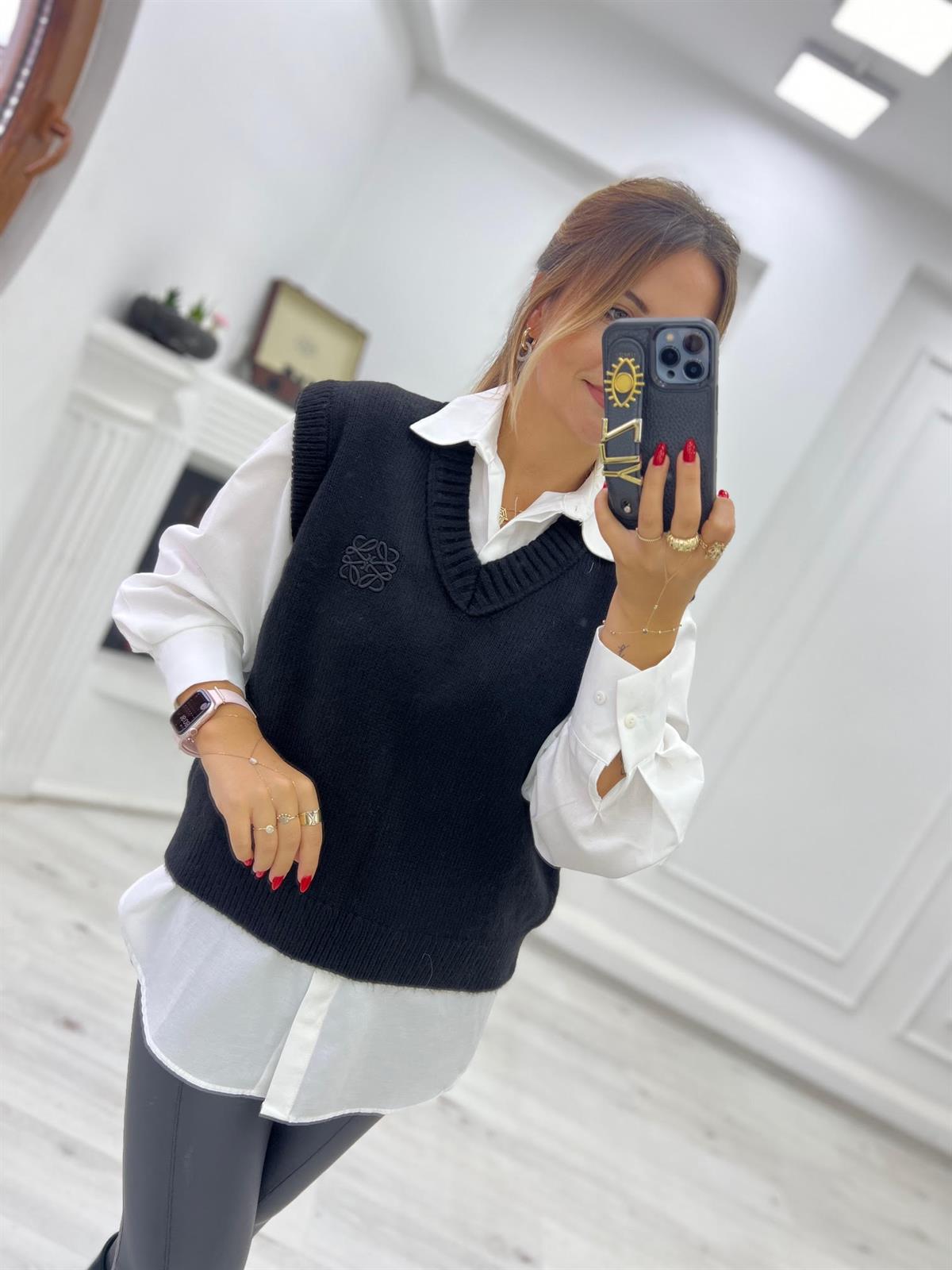 2120 Ters Dikiş V Yaka Süveter SİYAH