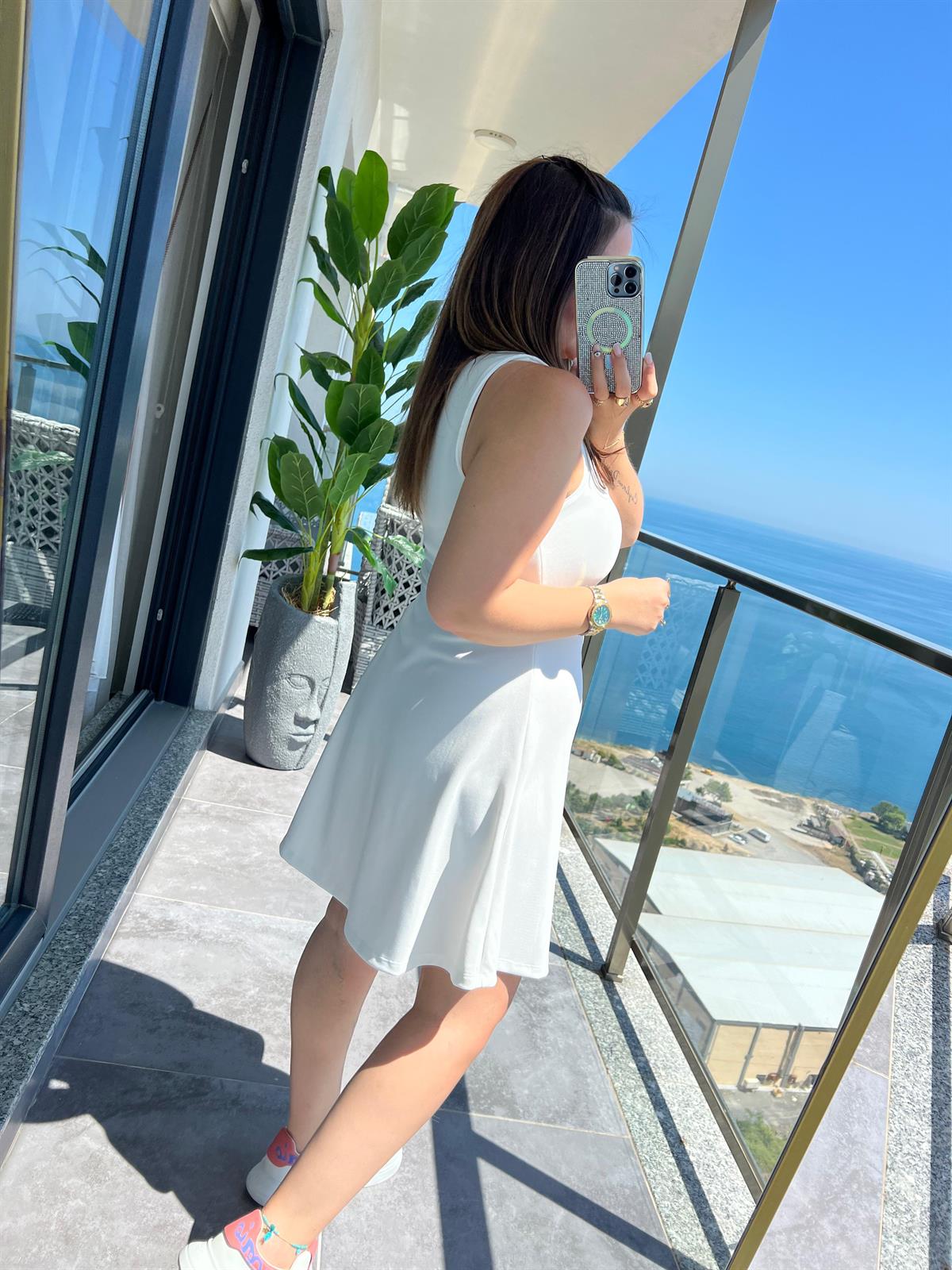 2138 Fermuarlı Ottoban Mini Elbise BEYAZ