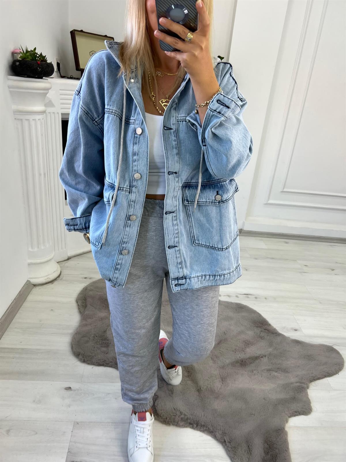 2140 Washınton Baskılı Jean Ceket BUZ MAVİSİ