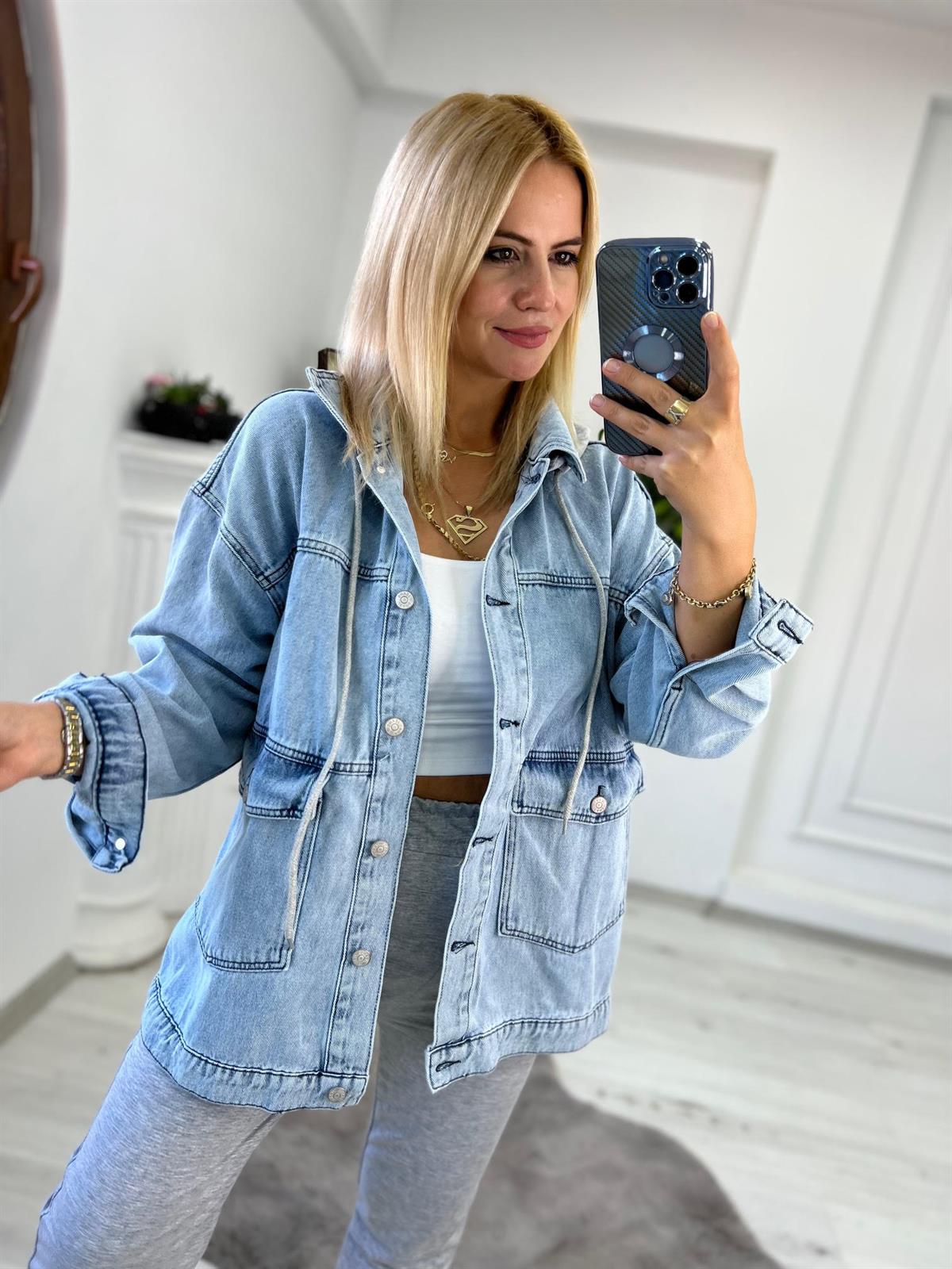 2140 Washınton Baskılı Jean Ceket BUZ MAVİSİ
