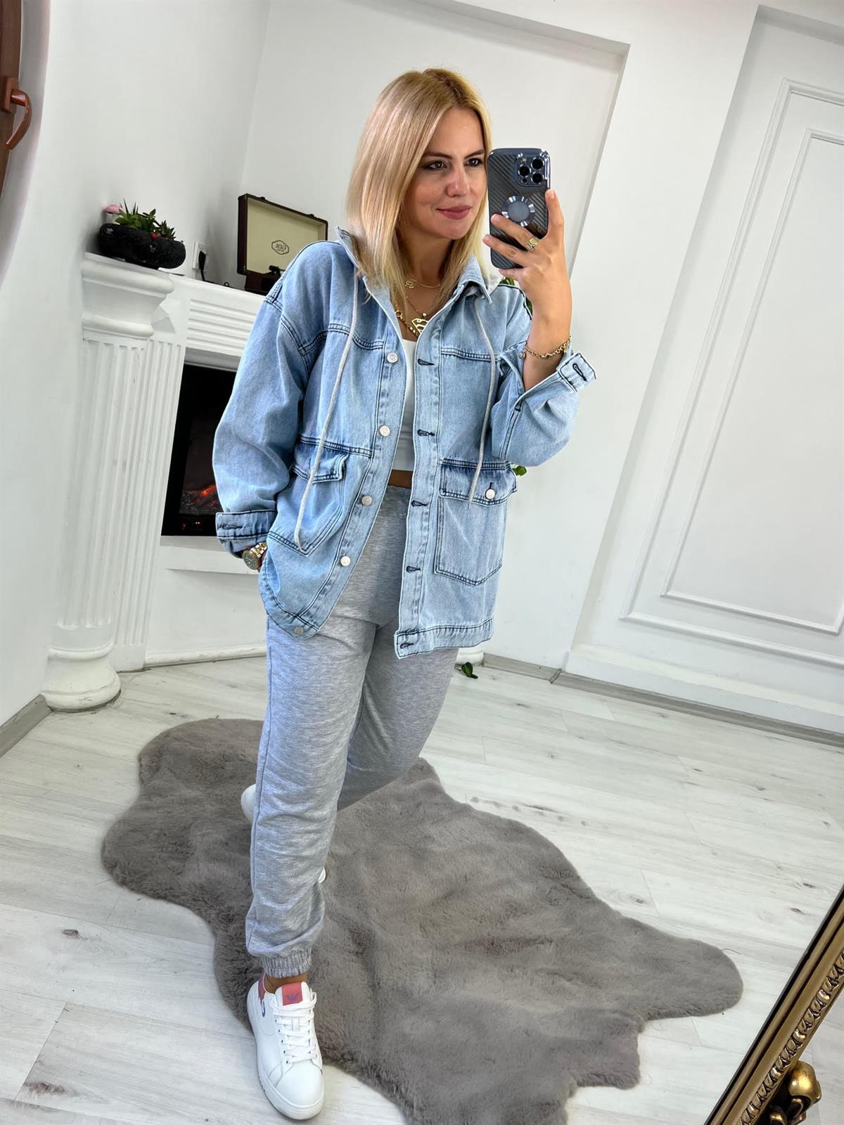 2140 Washınton Baskılı Jean Ceket BUZ MAVİSİ