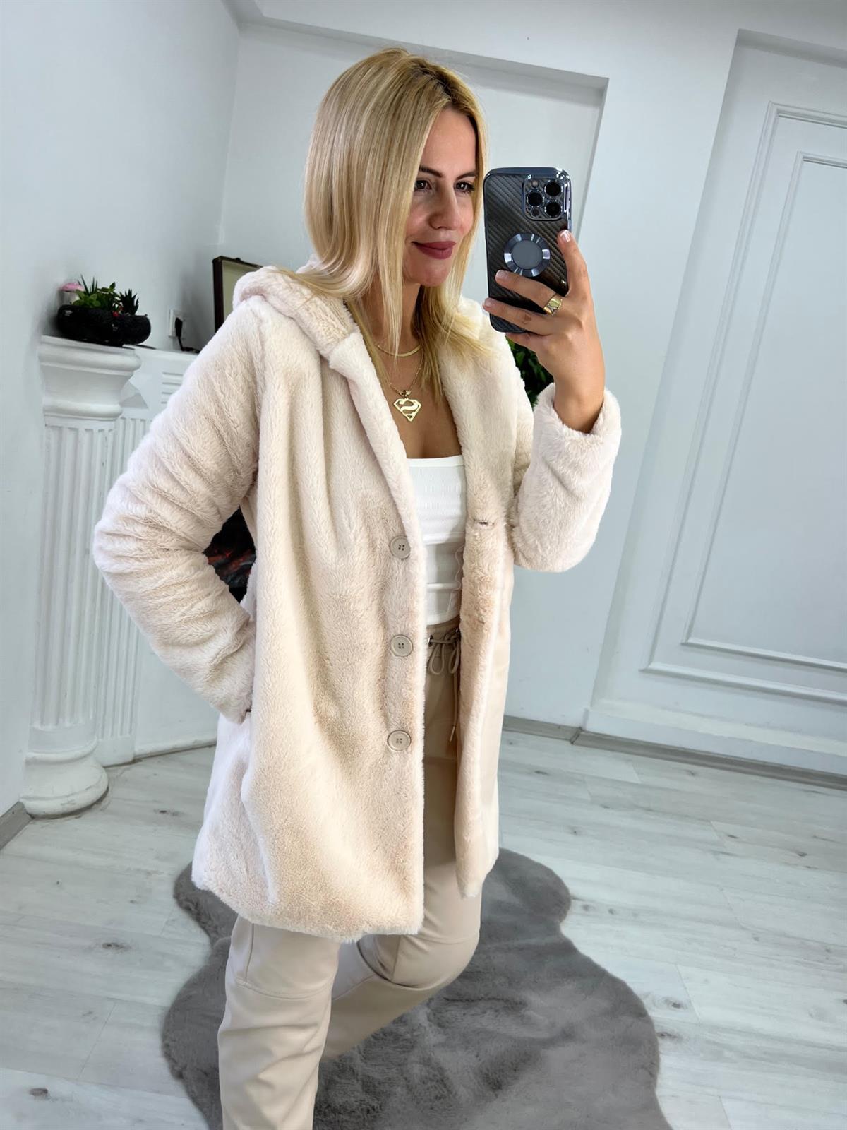 2166 Kapşonlu Uzun Peluş Kürk BEJ