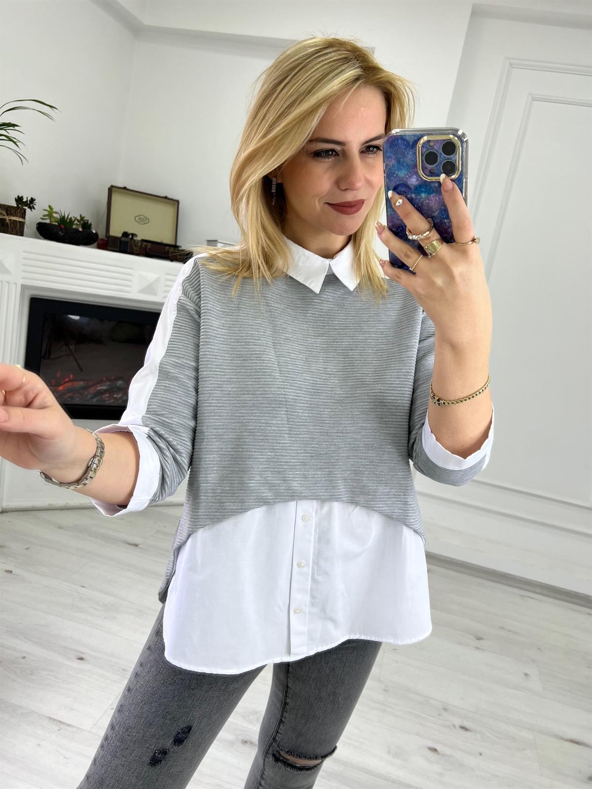 21808 Gömlek Yaka Tasarım Bluz GRİ