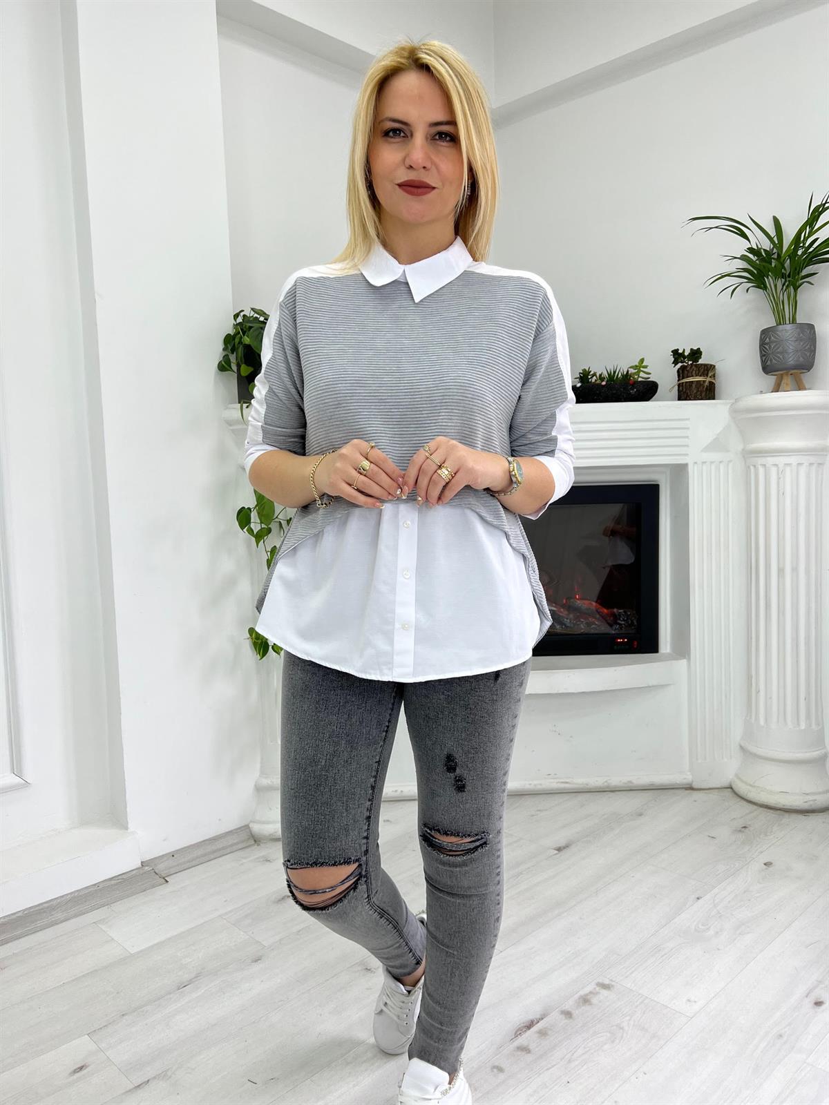 21808 Gömlek Yaka Tasarım Bluz GRİ