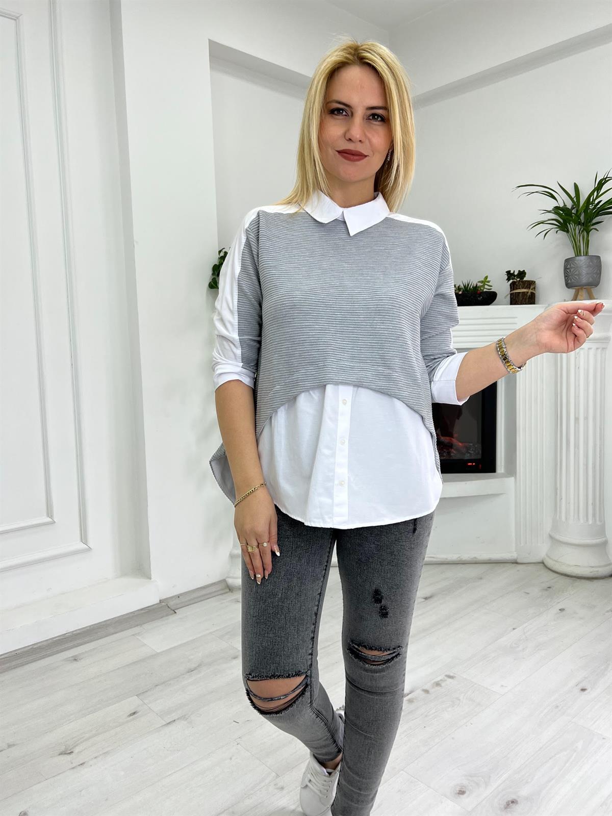 21808 Gömlek Yaka Tasarım Bluz GRİ