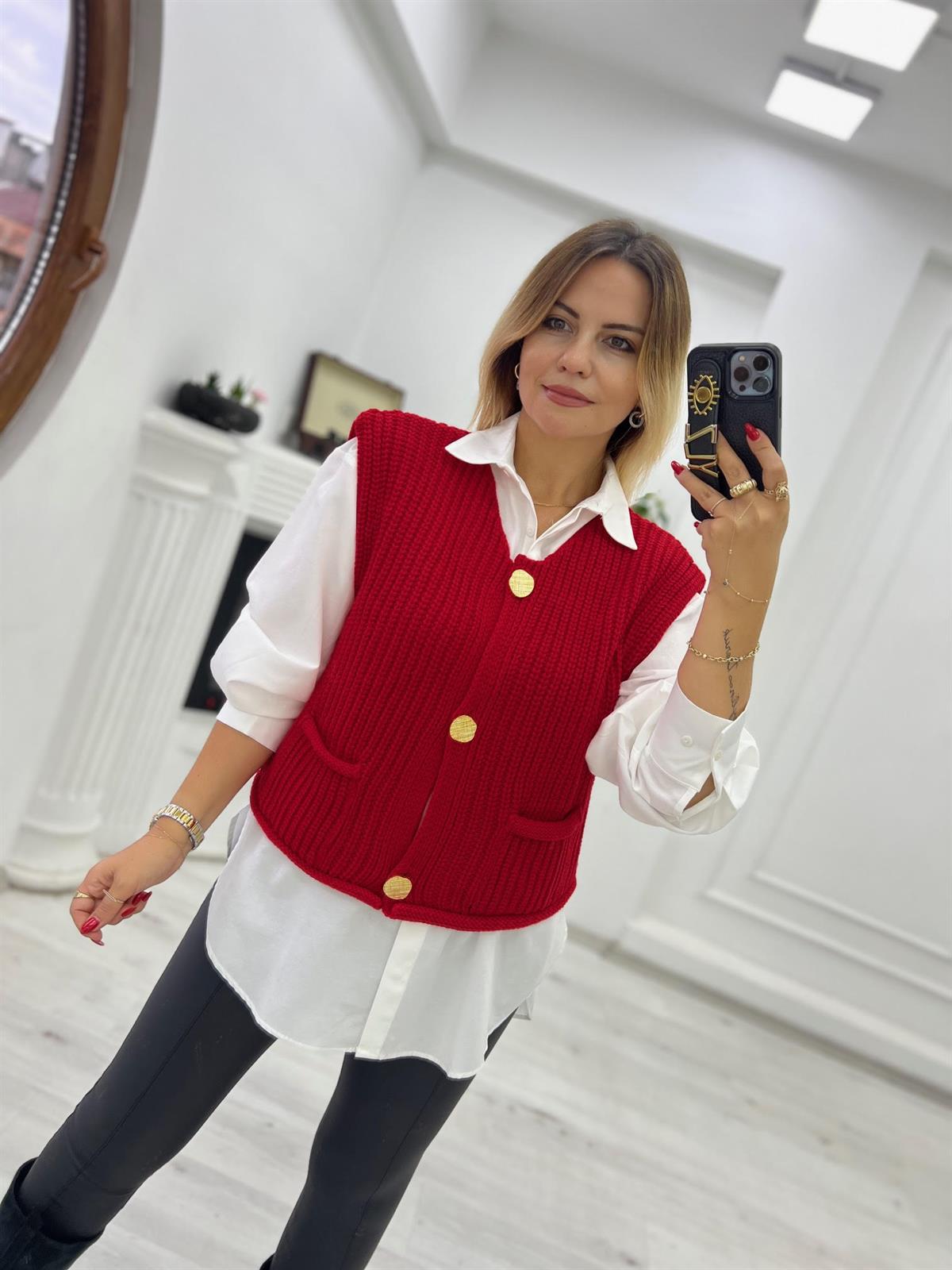 2186 Kalın Örgü Cepli Trend Yelek KIRMIZI