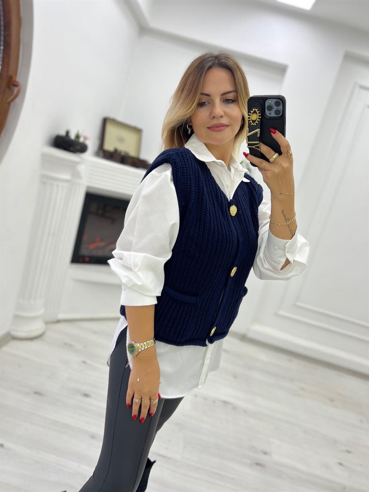 2186 Kalın Örgü Cepli Trend Yelek LACİVERT