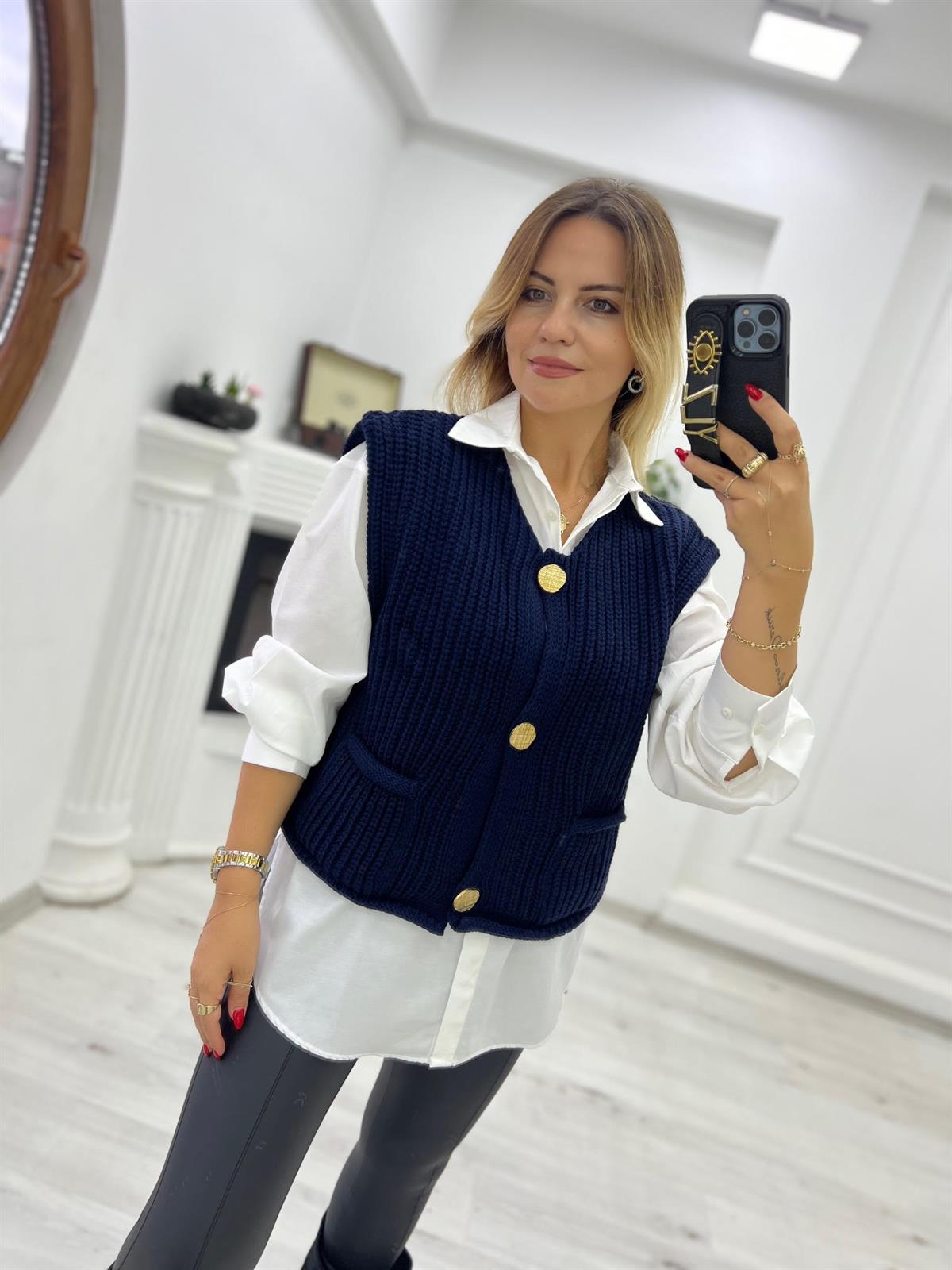 2186 Kalın Örgü Cepli Trend Yelek LACİVERT