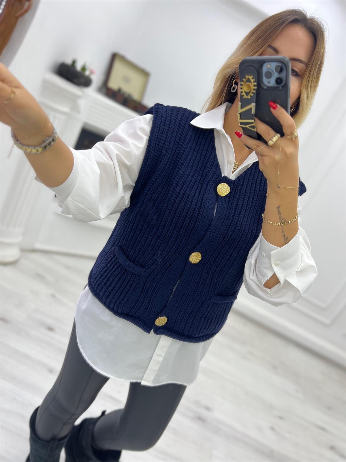 2186 Kalın Örgü Cepli Trend Yelek LACİVERT