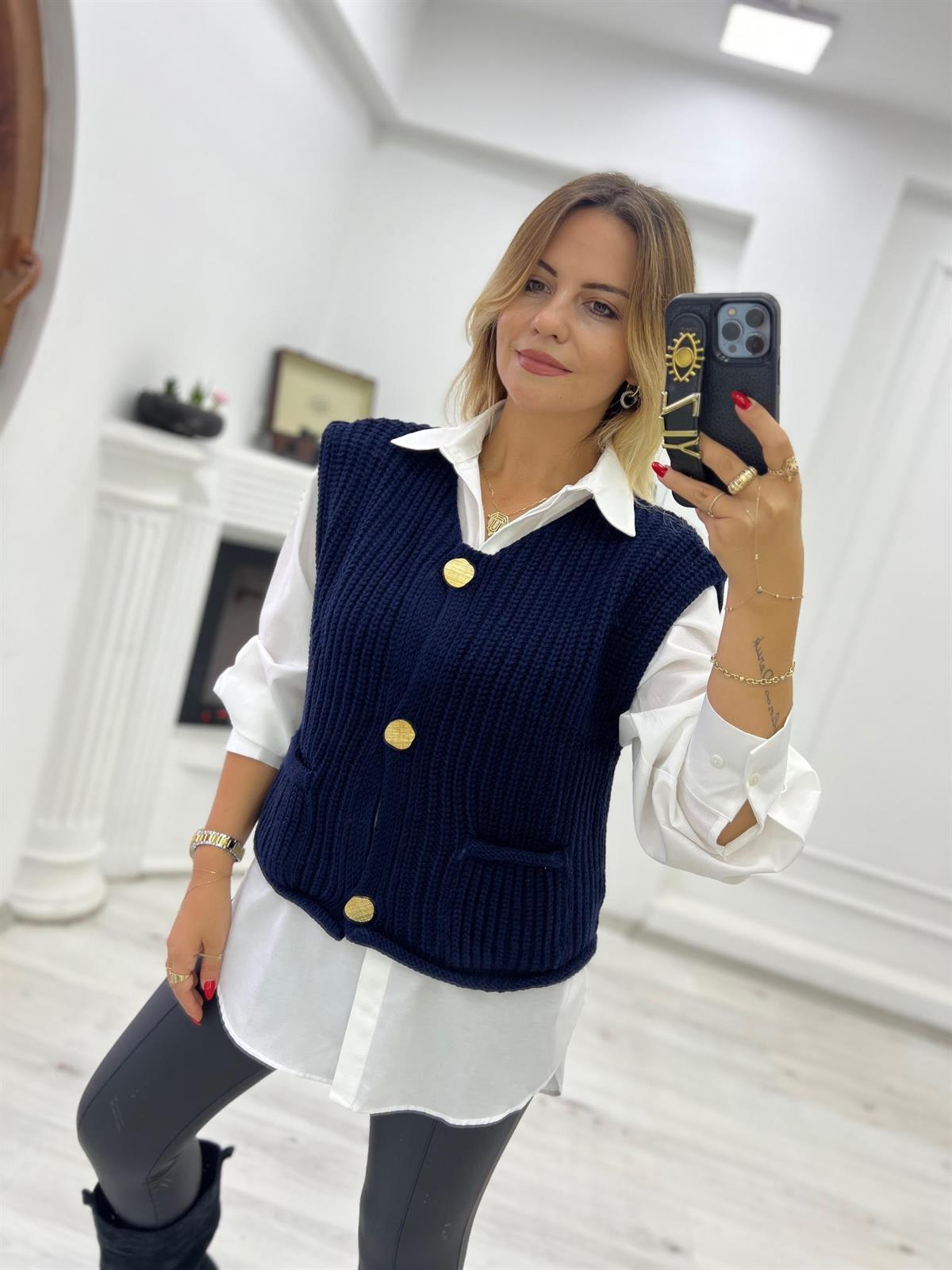 2186 Kalın Örgü Cepli Trend Yelek LACİVERT