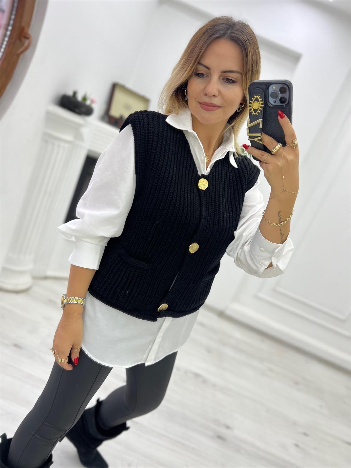 2186 Kalın Örgü Cepli Trend Yelek SİYAH