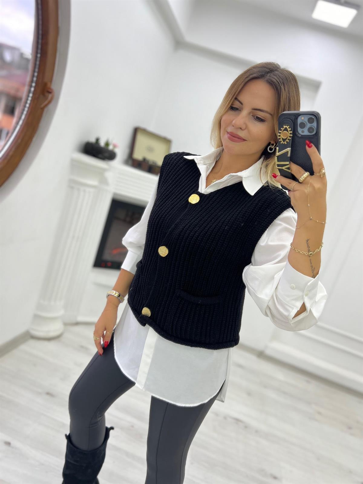 2186 Kalın Örgü Cepli Trend Yelek SİYAH
