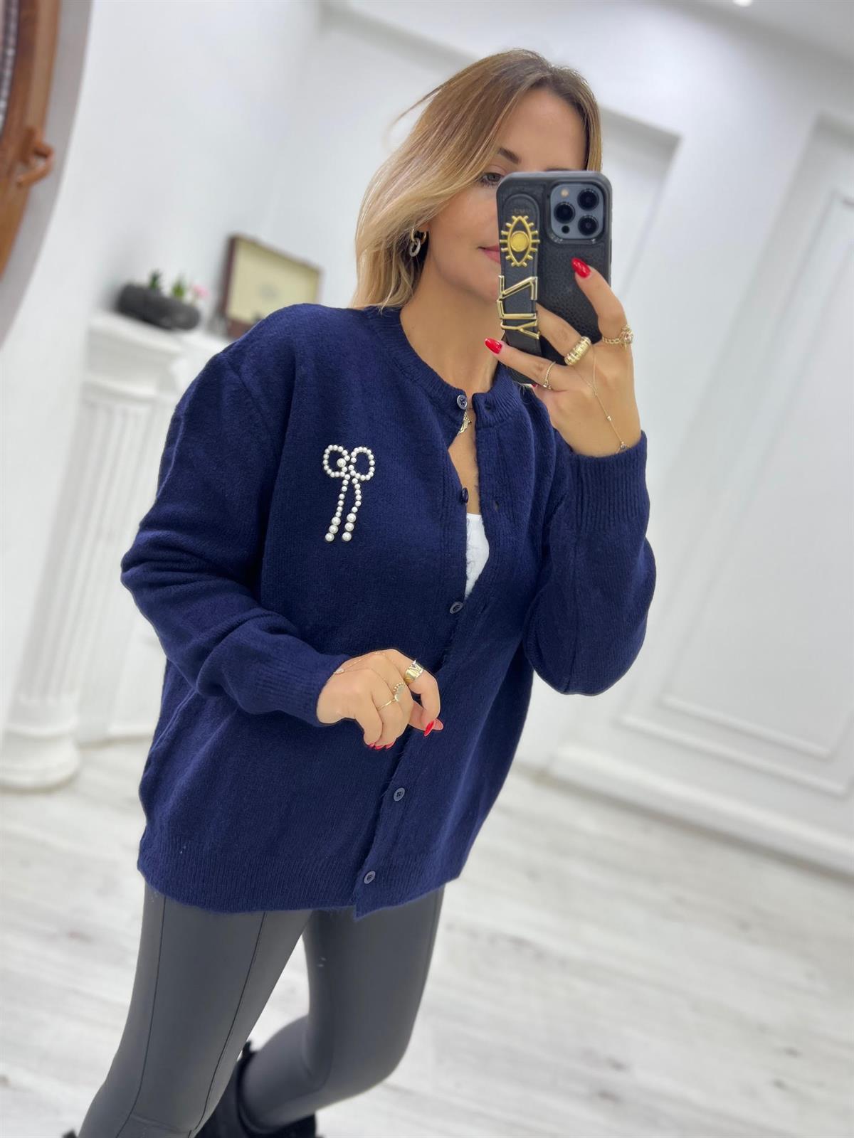 2232 Fiyonk Detay Owersize Hırka LACİVERT