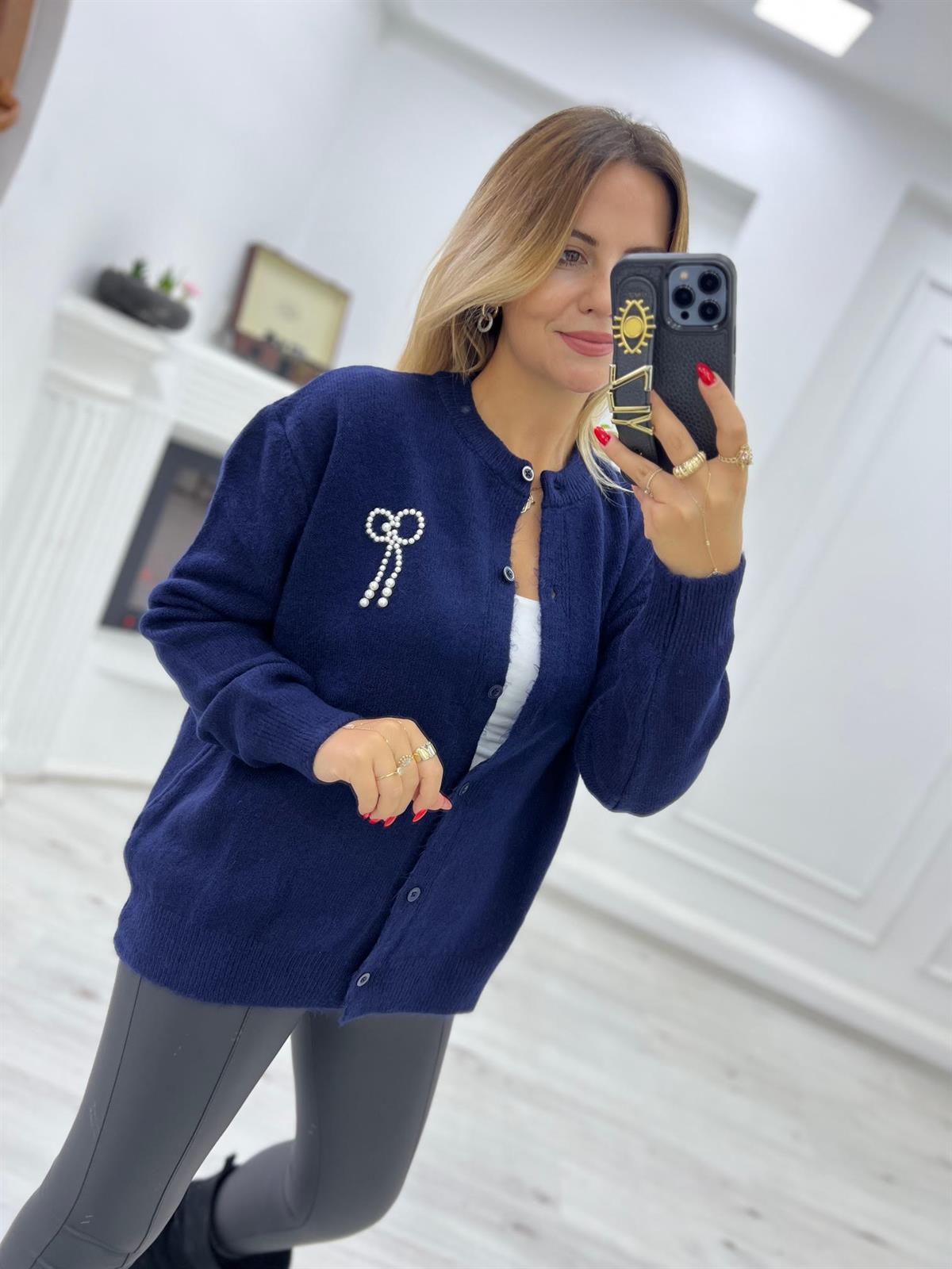 2232 Fiyonk Detay Owersize Hırka LACİVERT