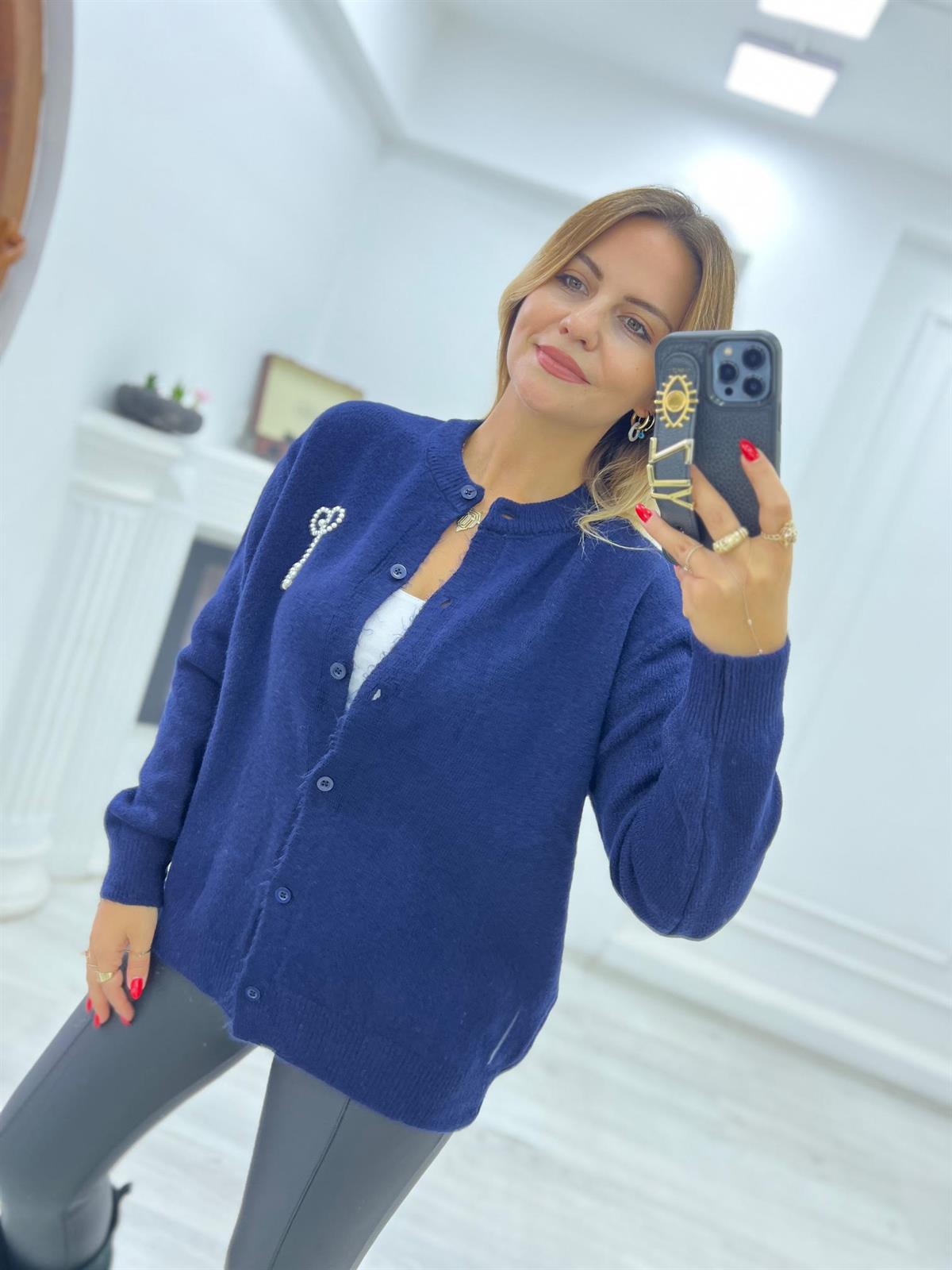 2232 Fiyonk Detay Owersize Hırka LACİVERT