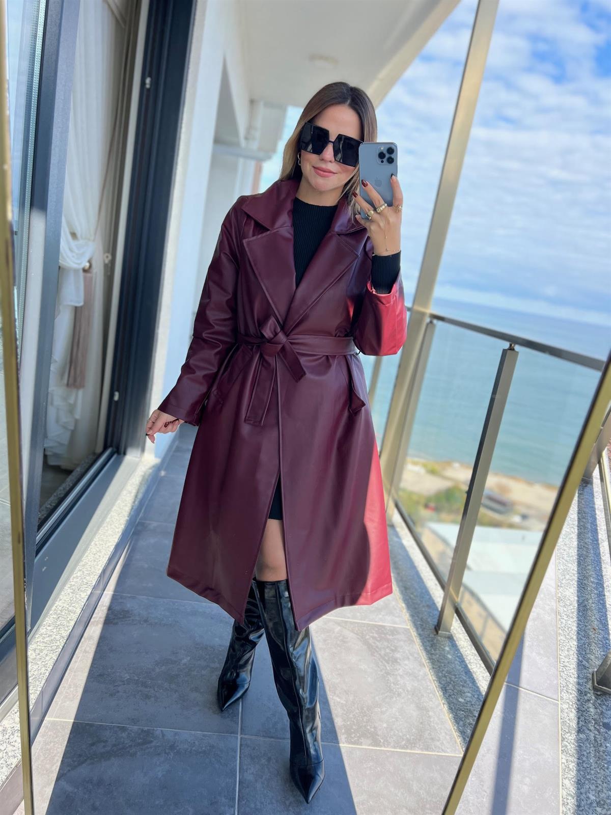 2238 Kuşaklı Deri Pardesü BORDO