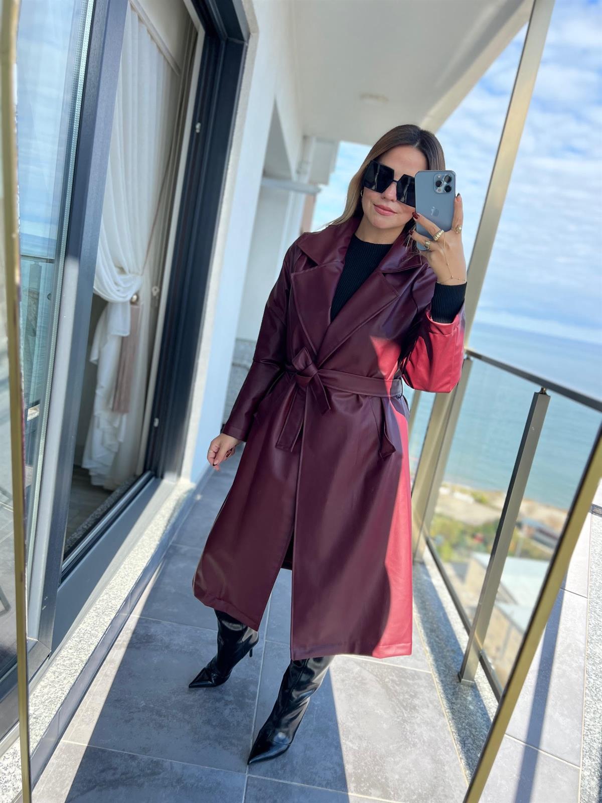 2238 Kuşaklı Deri Pardesü BORDO