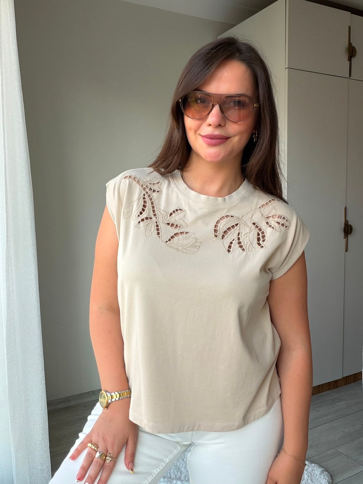 2248 Cutvark Nakış detay Tshirt BEJ