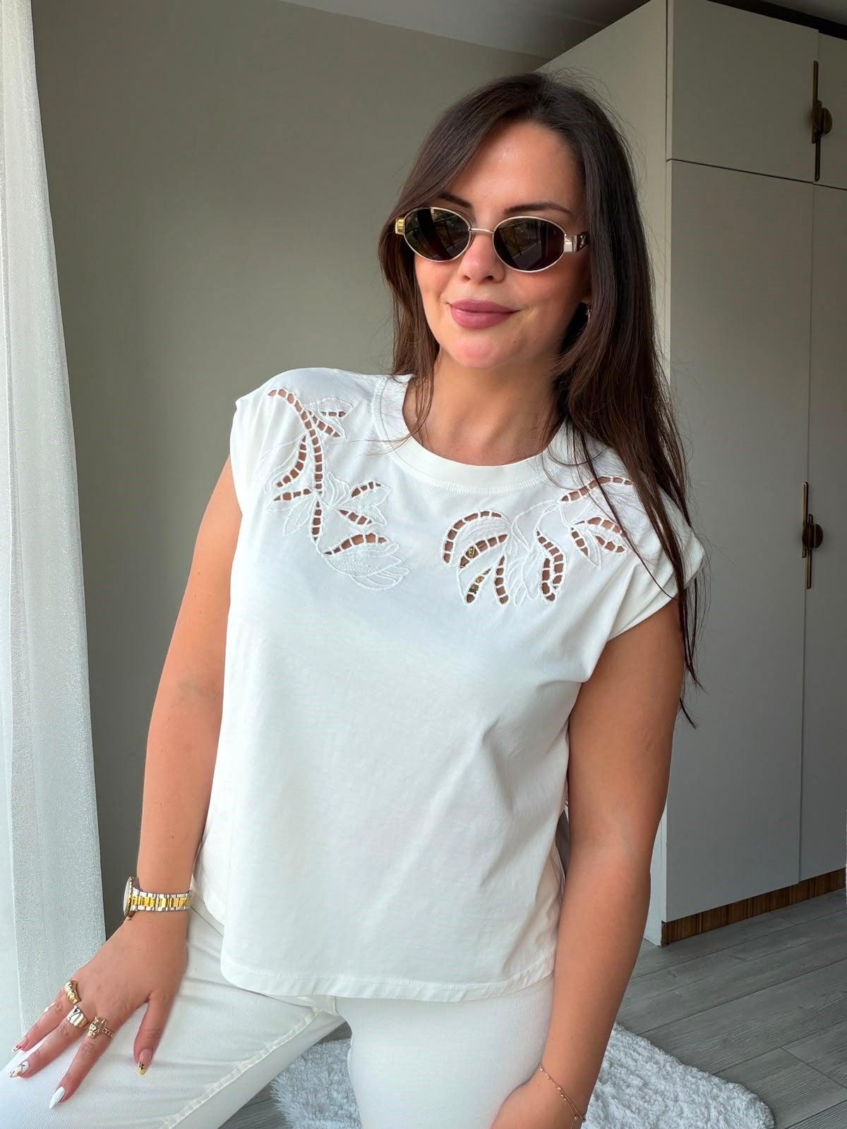 2248 Cutvark Nakış detay Tshirt EKRU