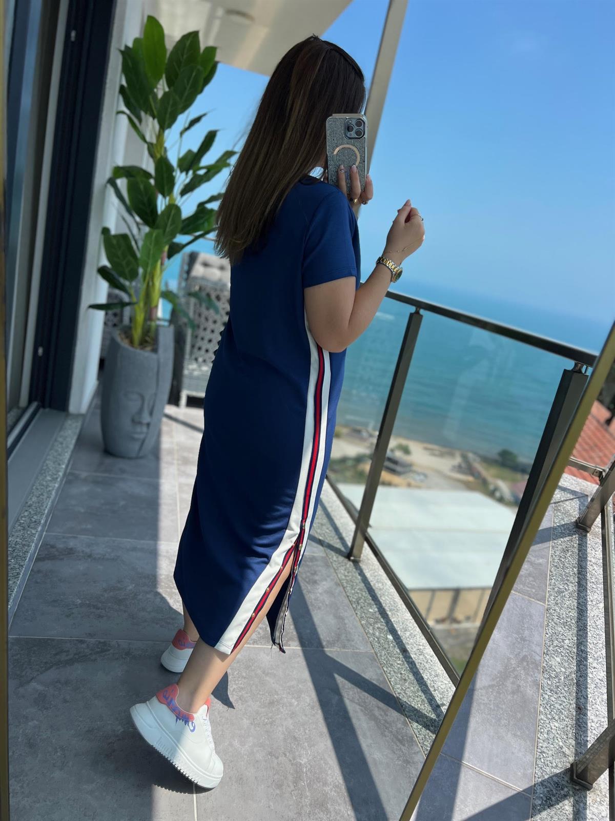 2255 Şeritli Çıtçıtlı Elbise LACİVERT