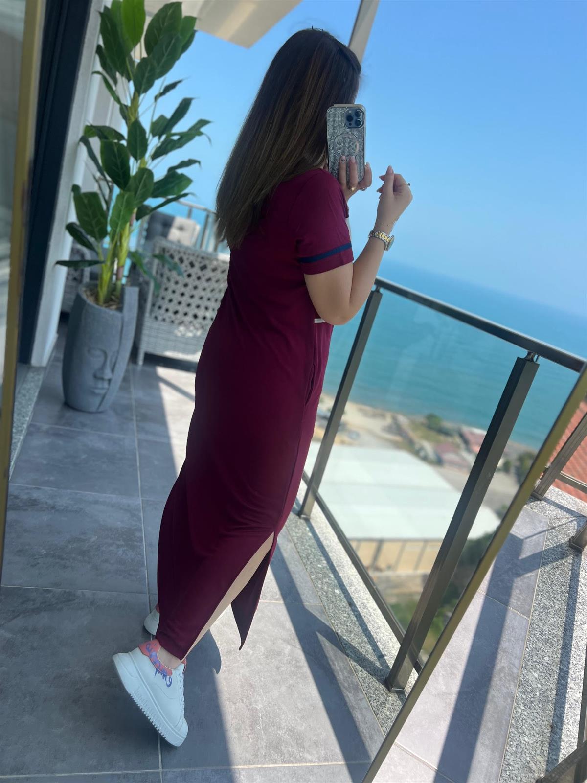 2267 Fermuarlı Garnili Pike Elbise BORDO