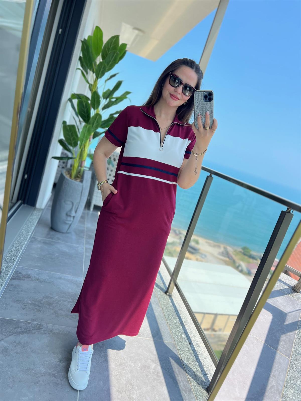 2267 Fermuarlı Garnili Pike Elbise BORDO