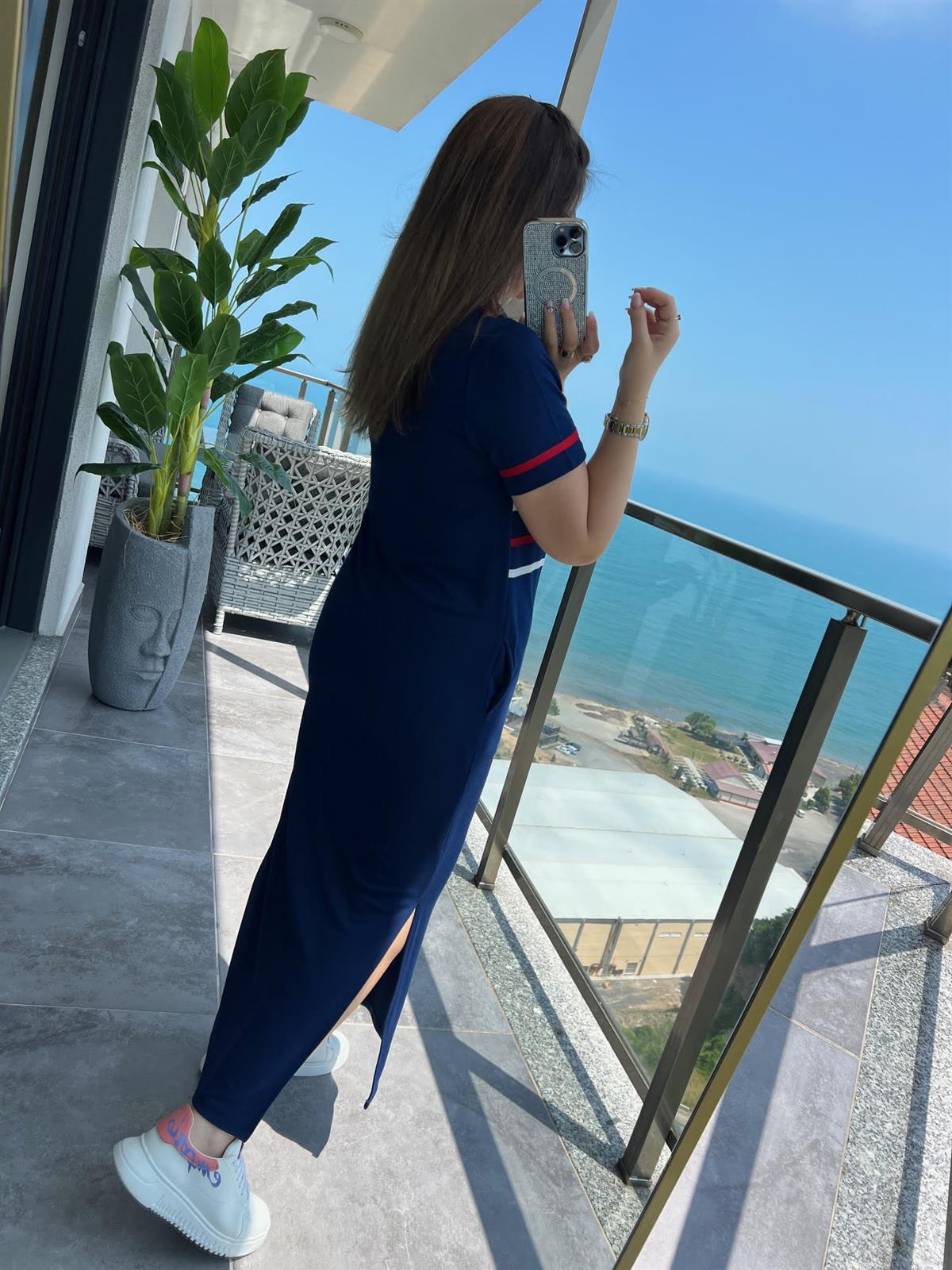 2267 Fermuarlı Garnili Pike Elbise LACİVERT