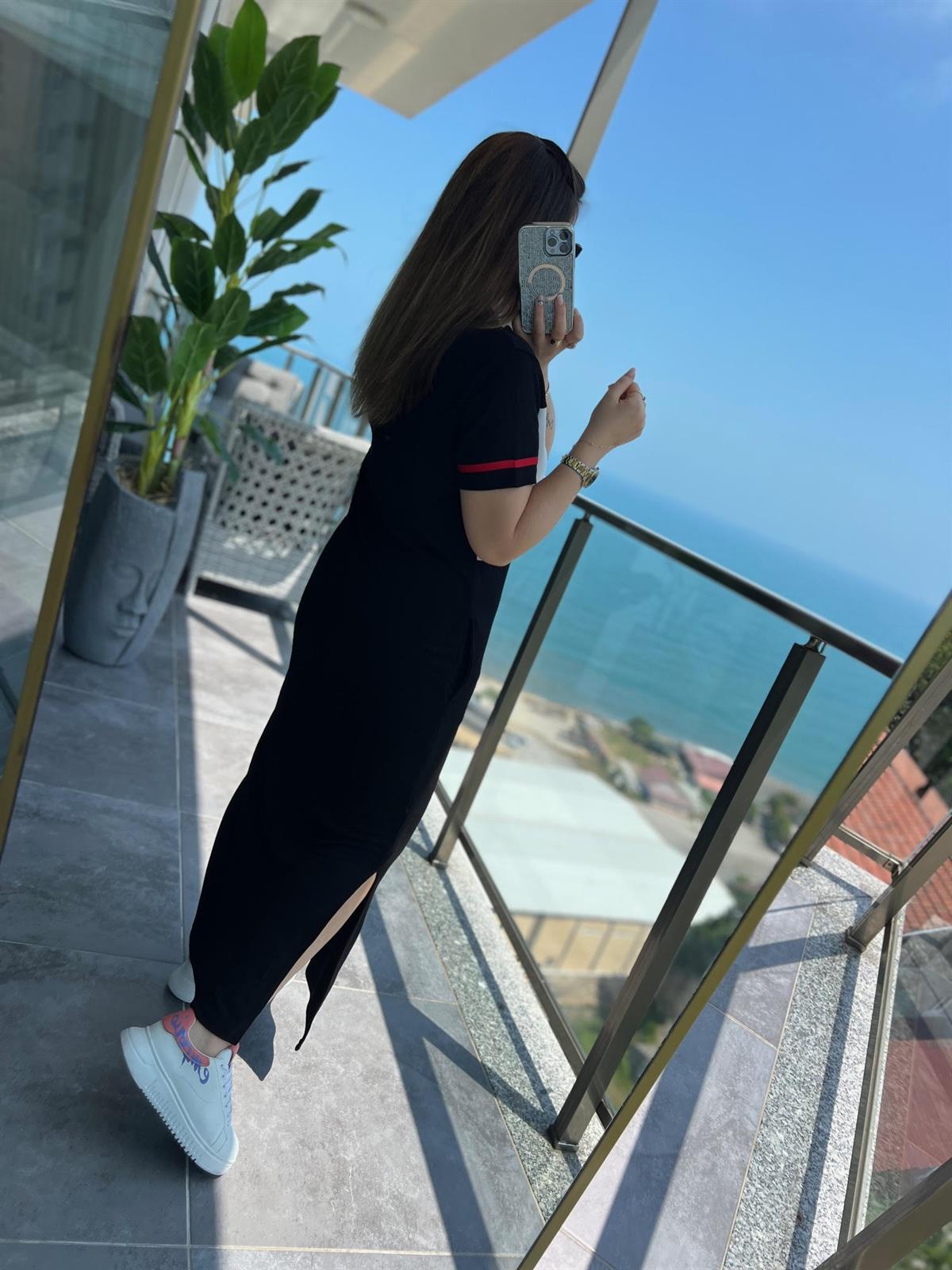 2267 Fermuarlı Garnili Pike Elbise SİYAH