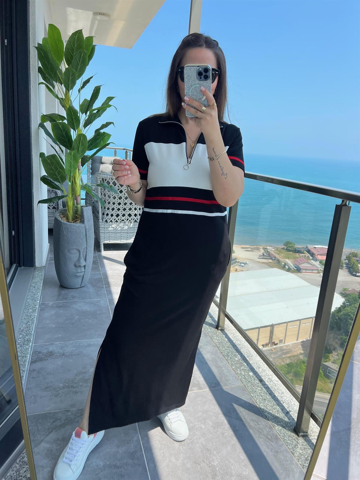 2267 Fermuarlı Garnili Pike Elbise SİYAH