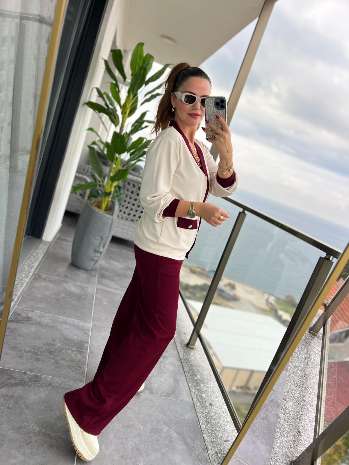 2302 Gold Düğmeli Hırka Takım BORDO