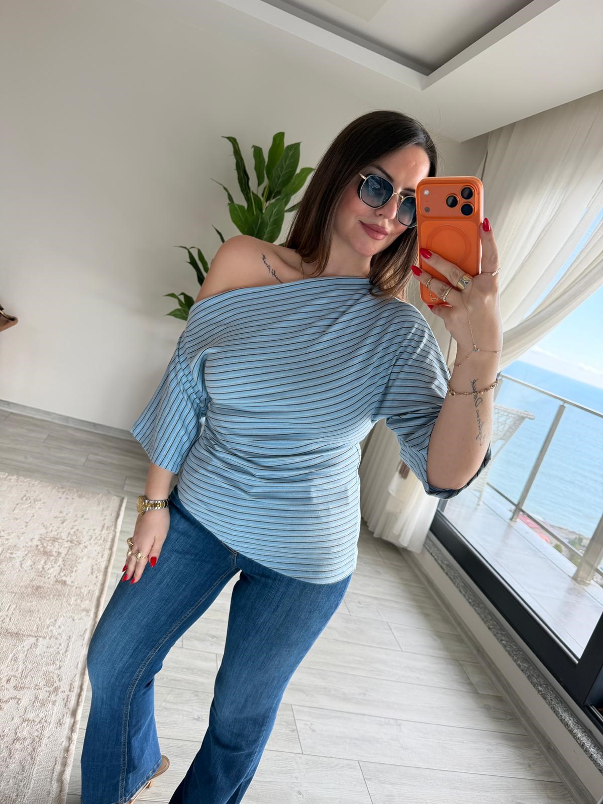 2318 Kayık Yaka Asimetrik Top MAVİ