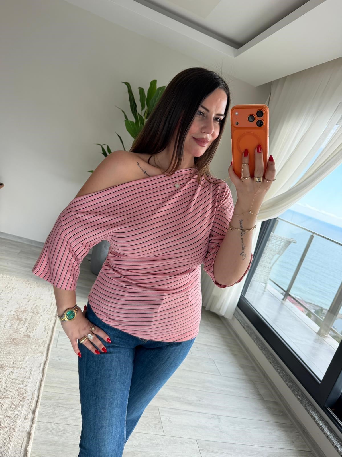 2318 Kayık Yaka Asimetrik Top PEMBE