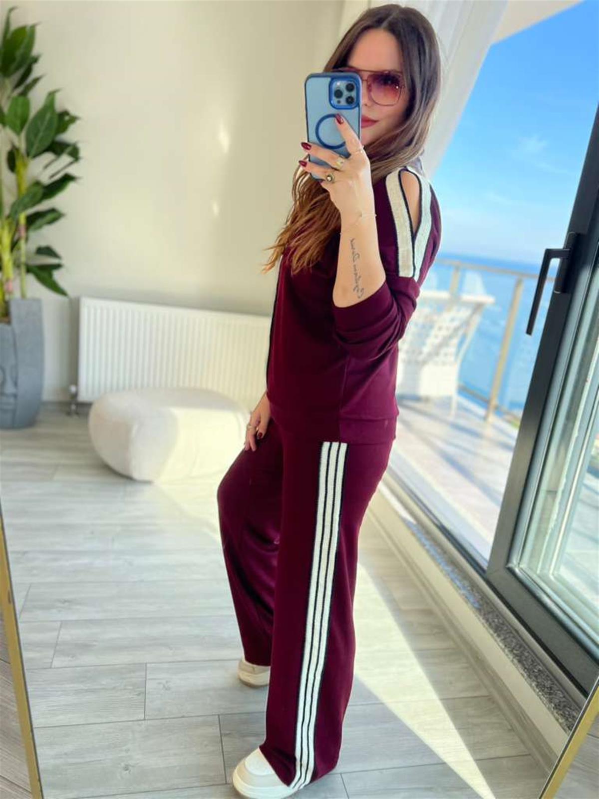 2326 Şeritli Omuzu Açık Takım BORDO
