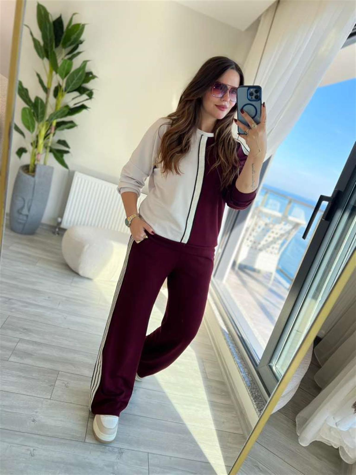 2326 Şeritli Omuzu Açık Takım BORDO