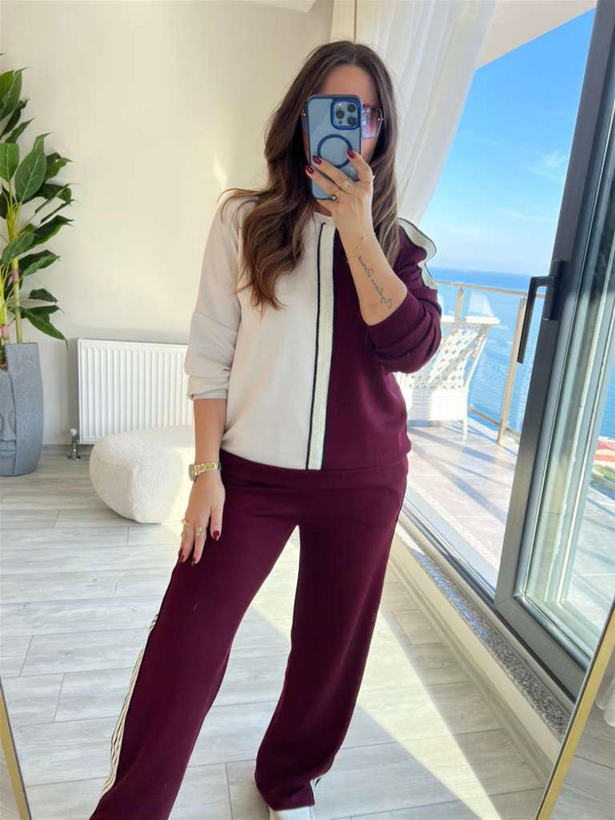 2326 Şeritli Omuzu Açık Takım BORDO