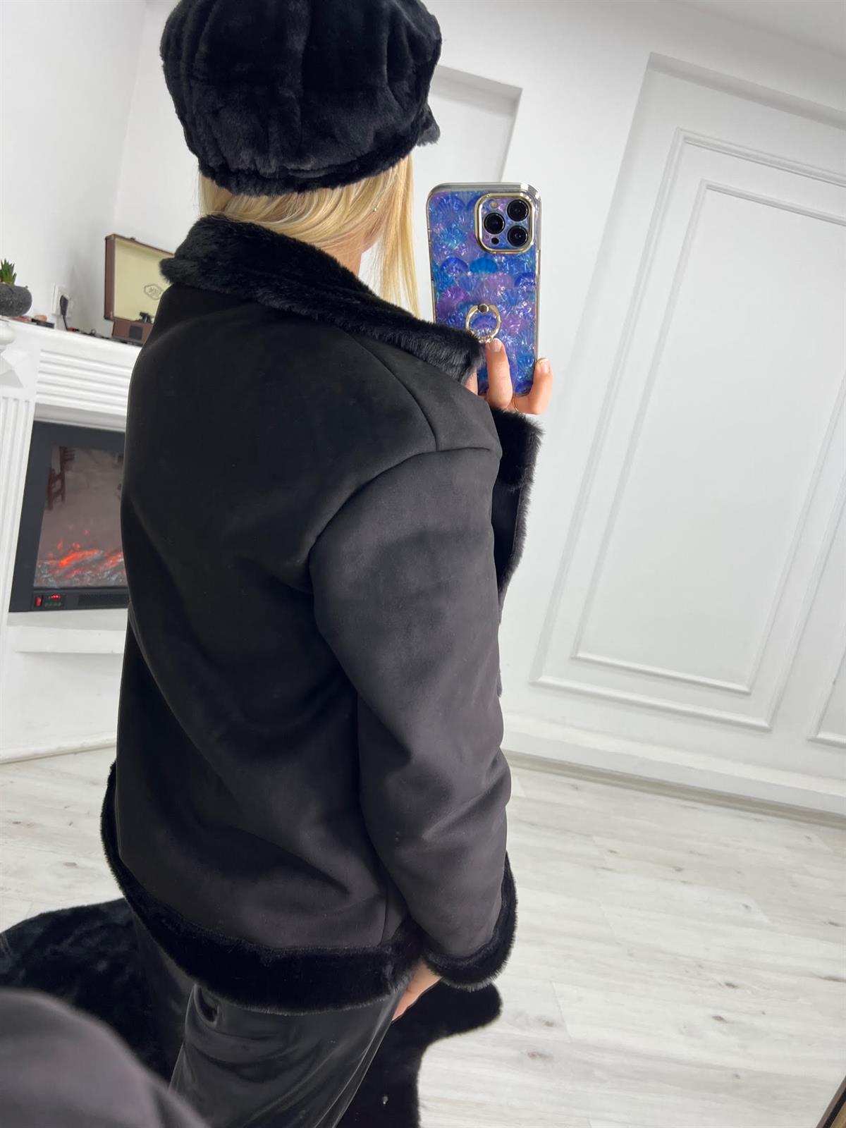 2331 Süet Peluş Araboy Ceket SİYAH