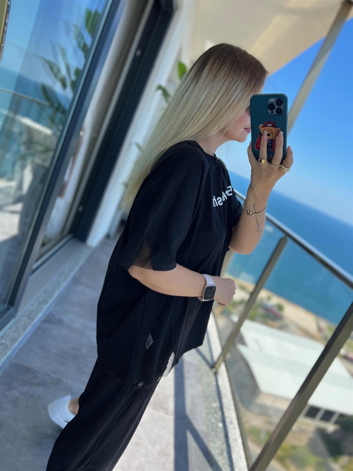 23411 File Detaylı Tshirt SİYAH