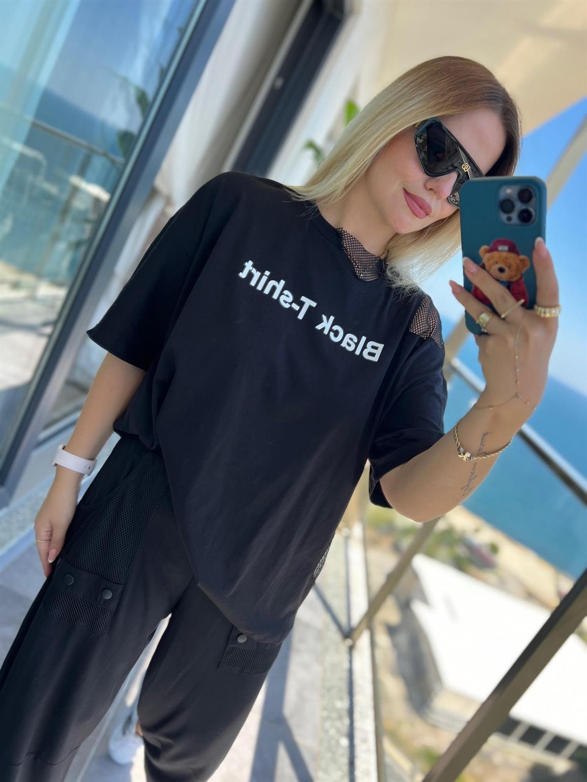 23411 File Detaylı Tshirt SİYAH