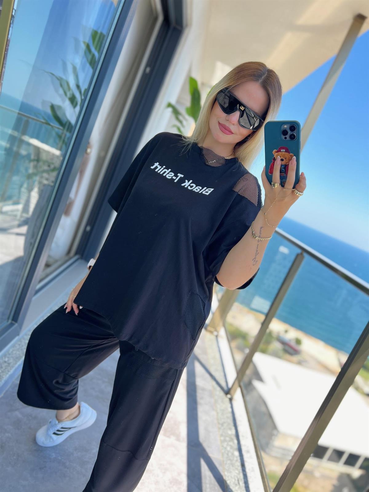 23411 File Detaylı Tshirt SİYAH