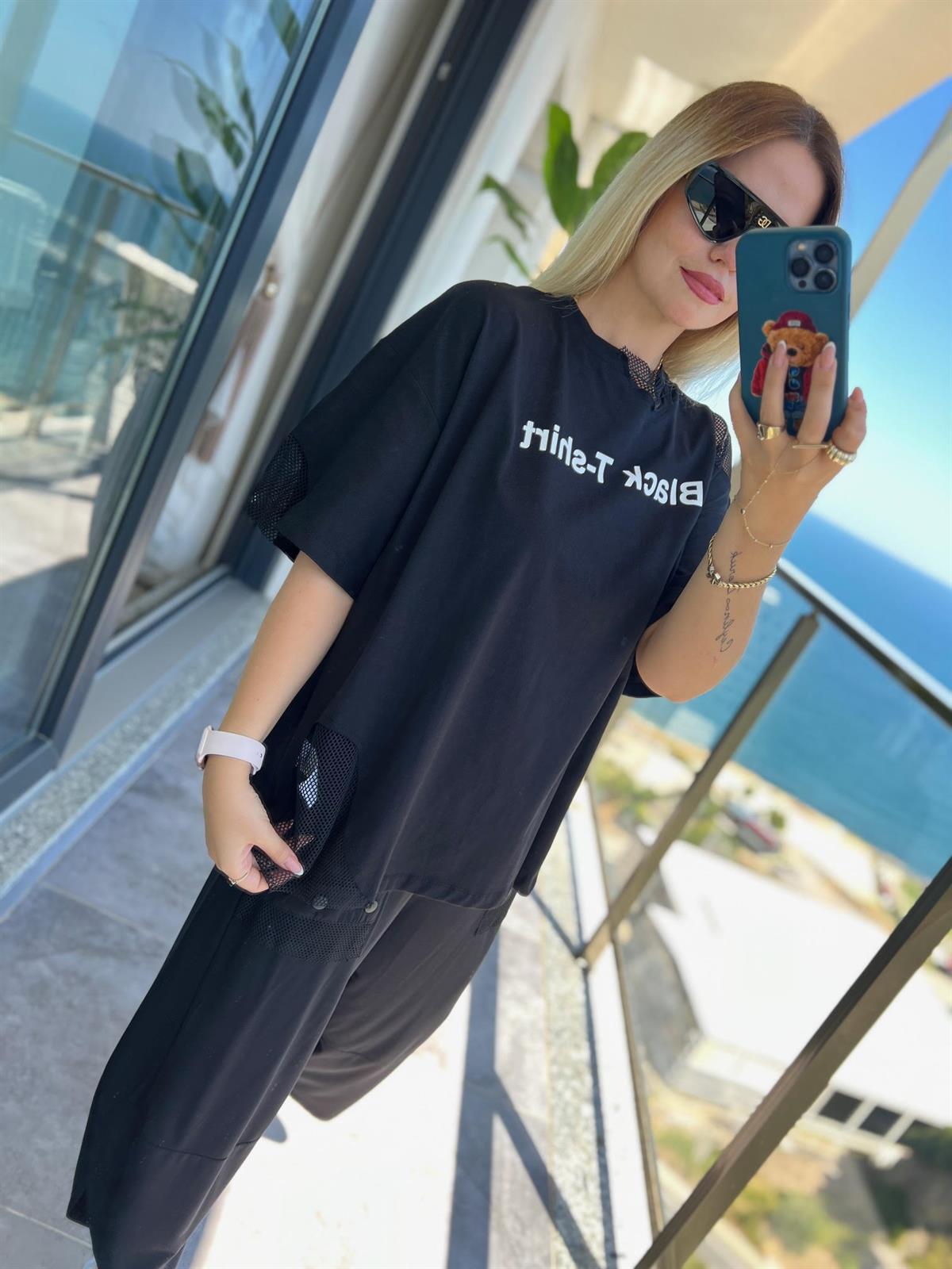 23411 File Detaylı Tshirt SİYAH