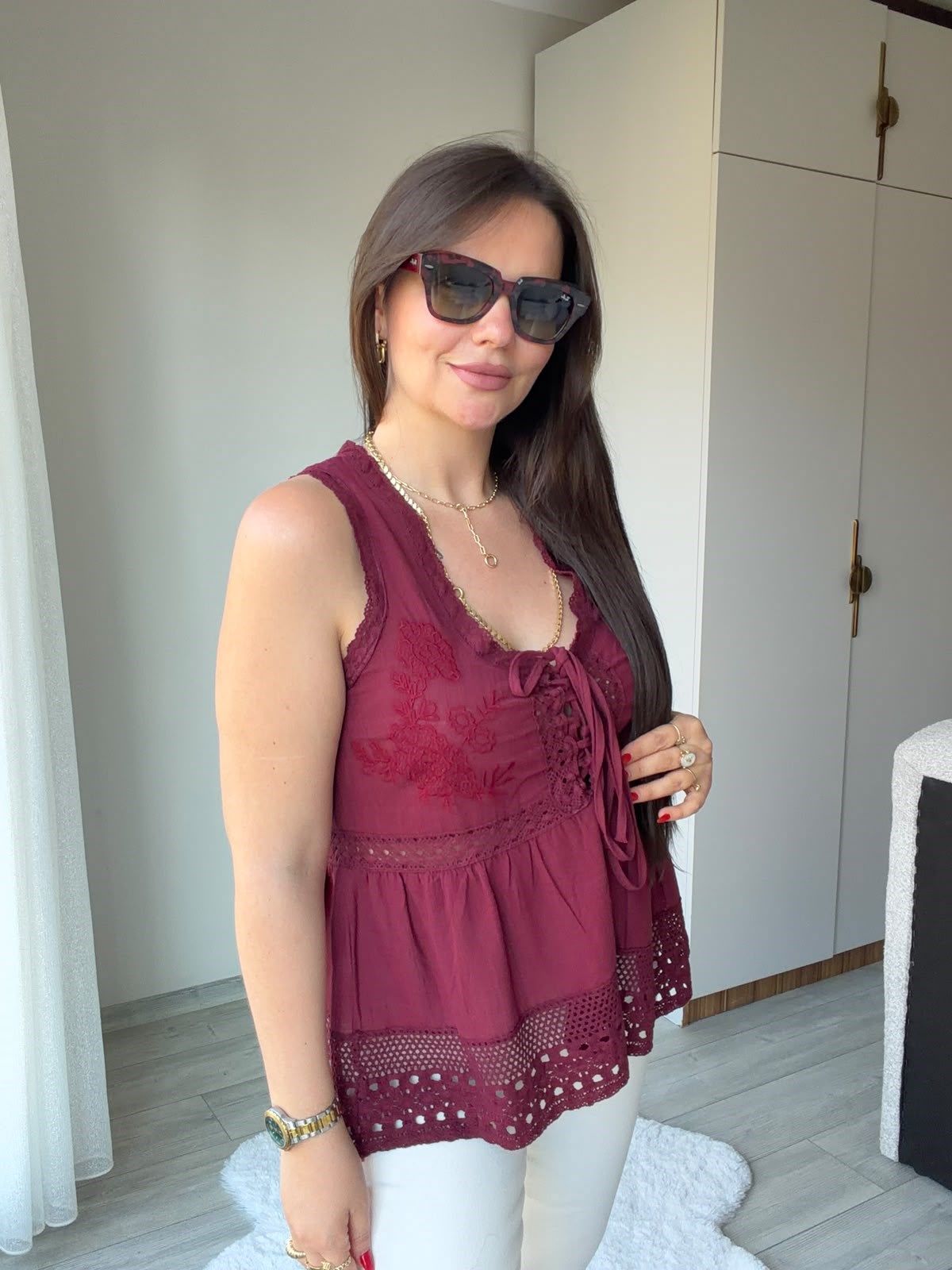 2347 Dantel Detaylı Nakışlı Bluz BORDO