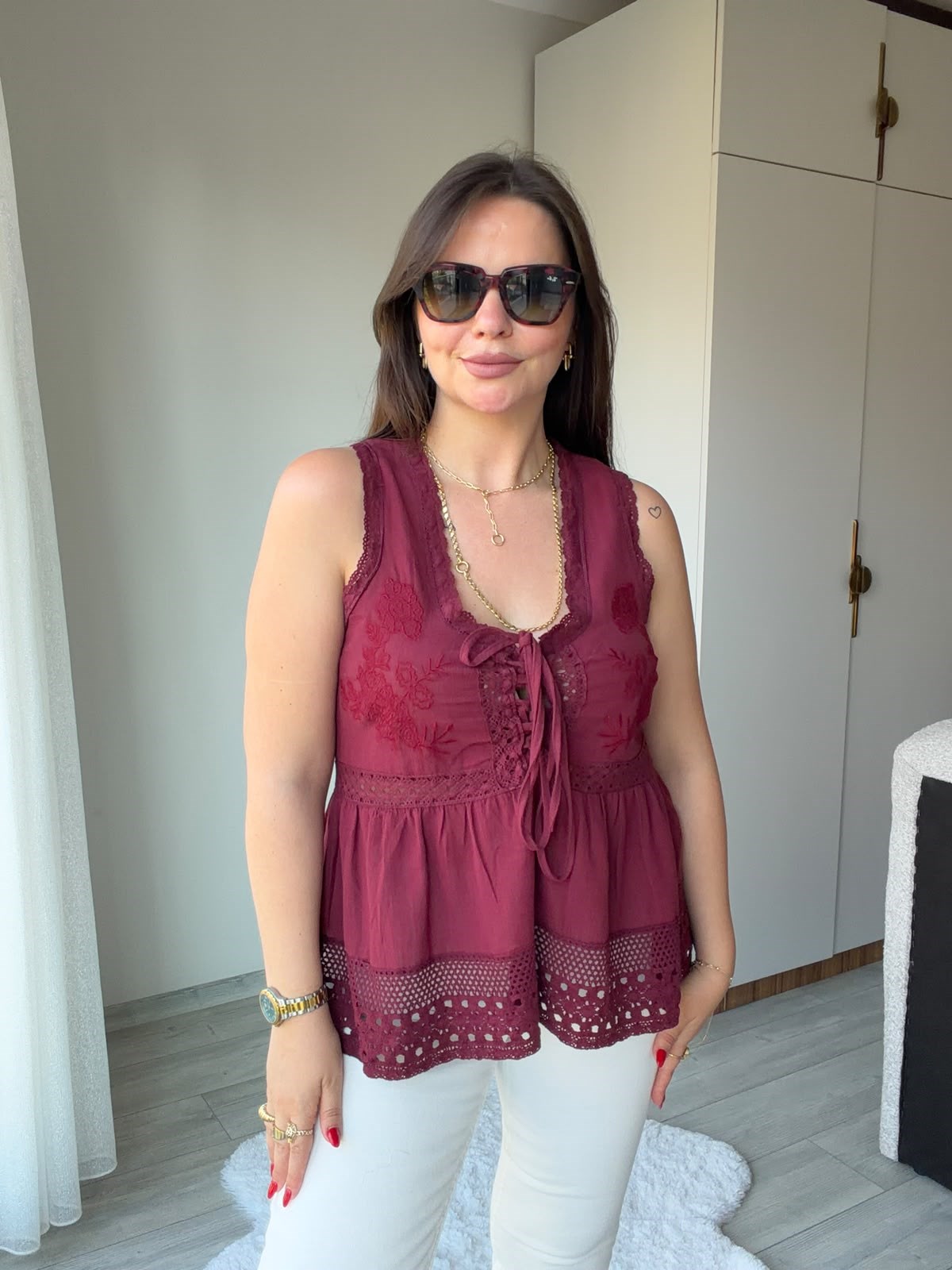 2347 Dantel Detaylı Nakışlı Bluz BORDO