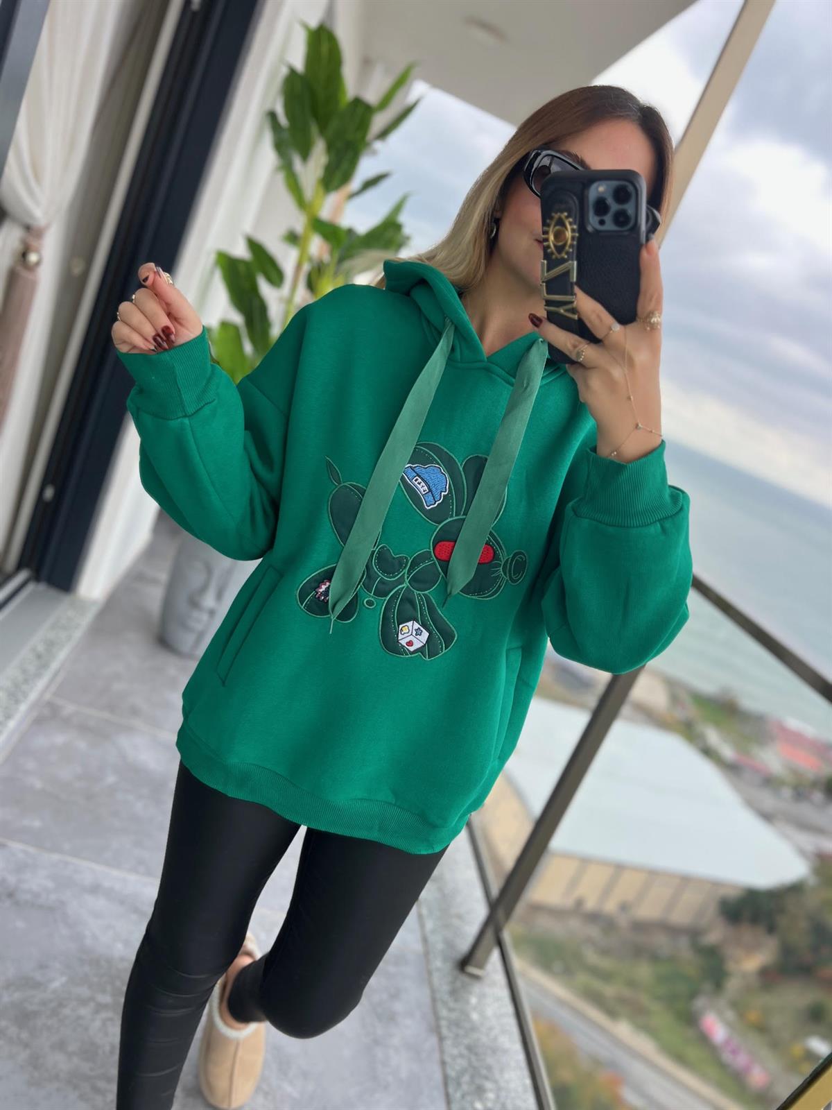 23573 Köpek Nakışlı Sweat YEŞİL