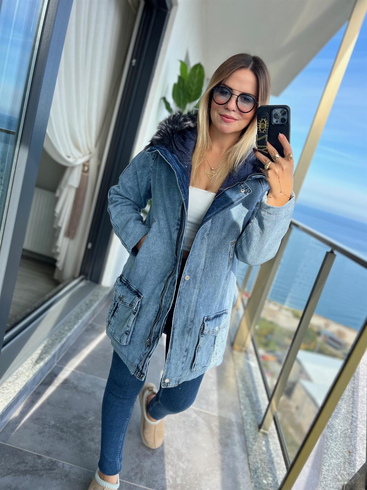 2385 Kapüşonlu Jean Mont BUZ MAVİSİ
