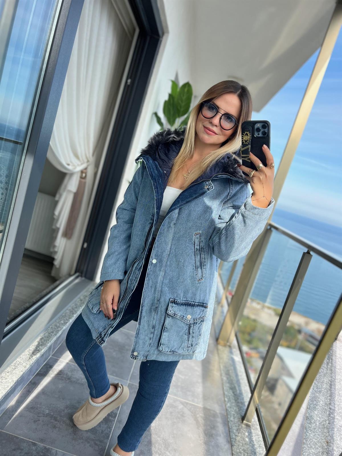 2385 Kapüşonlu Jean Mont BUZ MAVİSİ