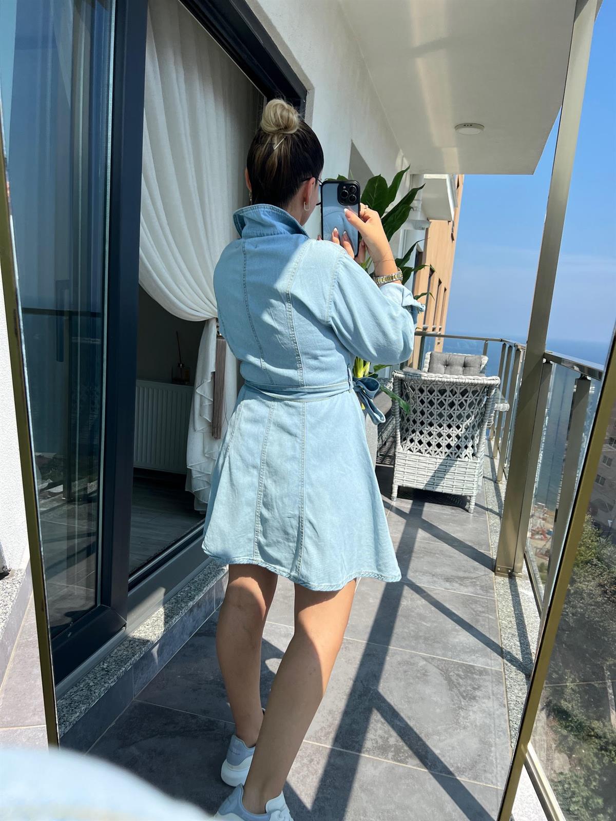 240024 Volanlı Kot Elbise BUZ MAVİSİ