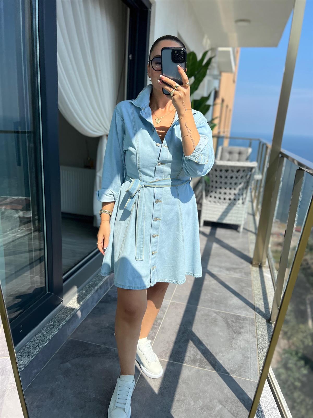 240024 Volanlı Kot Elbise BUZ MAVİSİ