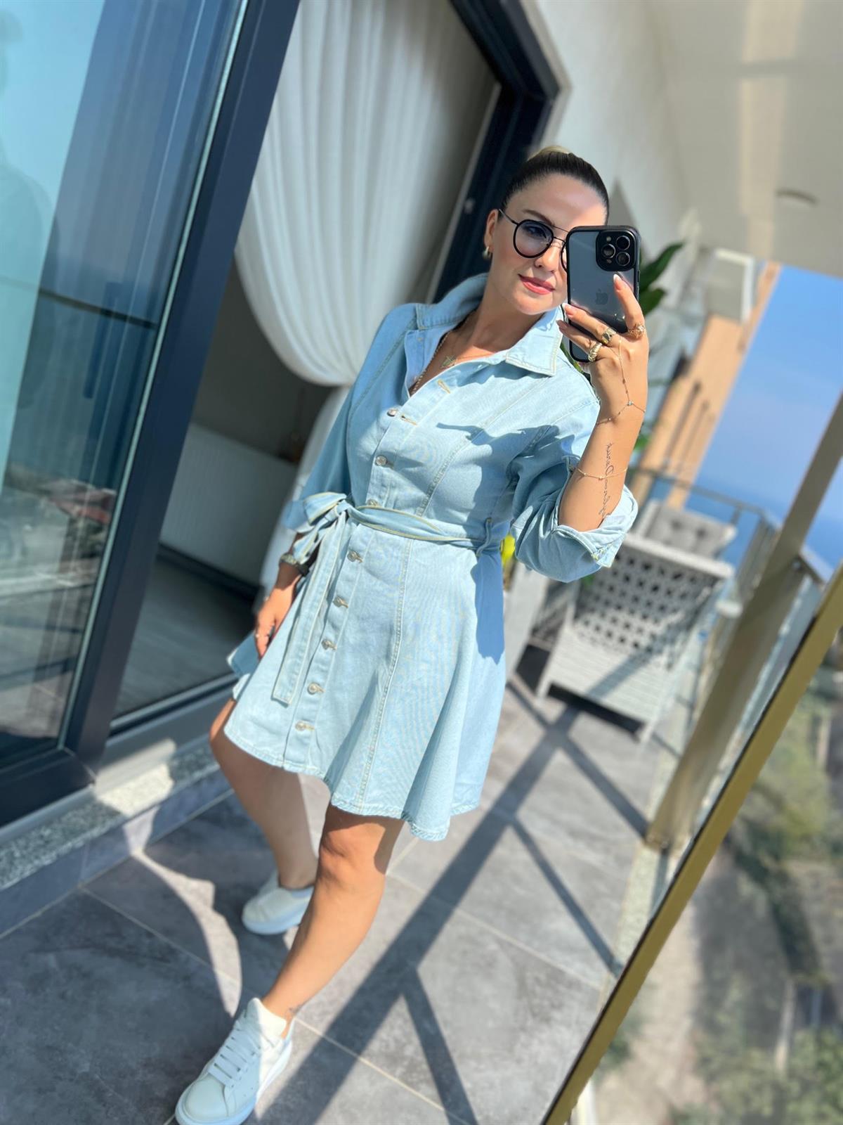 240024 Volanlı Kot Elbise BUZ MAVİSİ