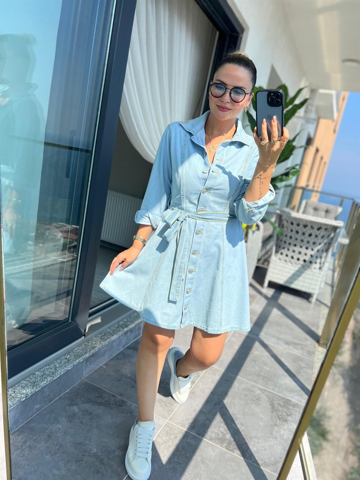 240024 Volanlı Kot Elbise BUZ MAVİSİ